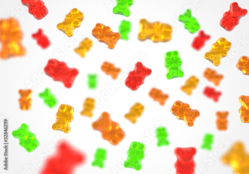 Jelly gummy bears flying candy background. Fruit gum candies theme. Red, orange, yellow and green.