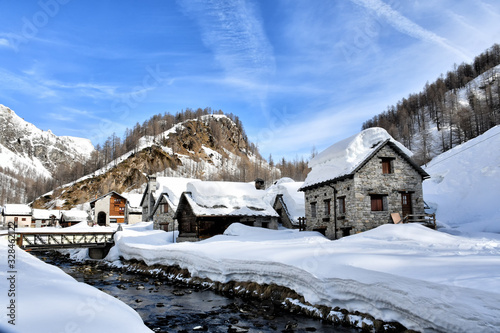 Huts on Alpe Devero in winter.