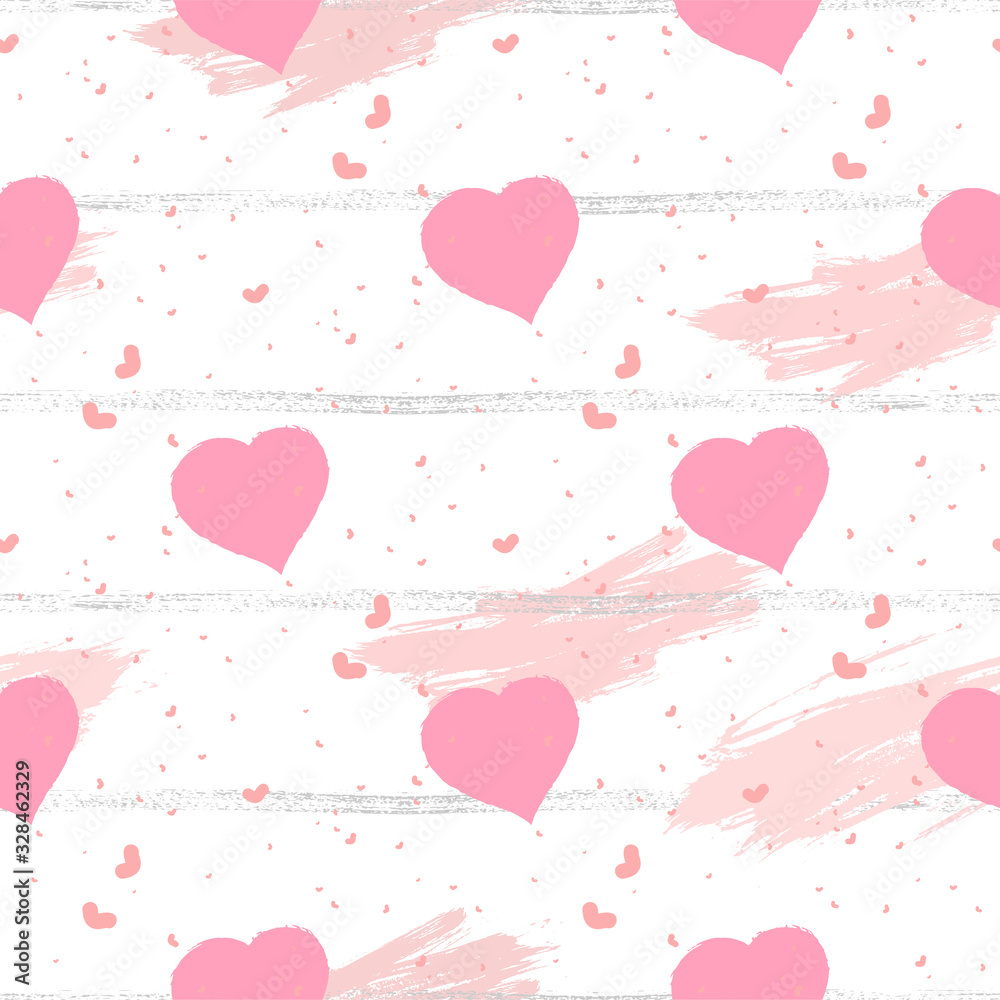 Vector seamless pattern with watercolor hearts and grunge elements on a white background.