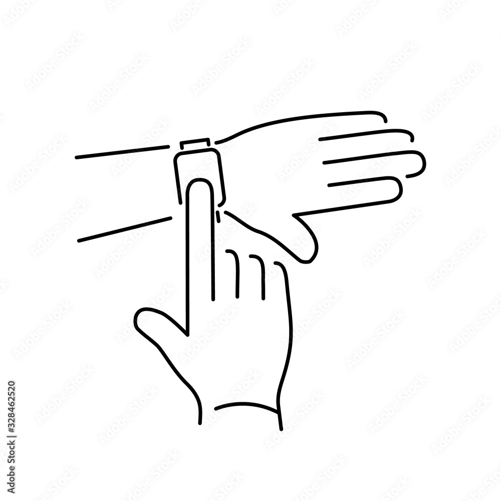 Obraz premium Vector smart watch linear icon with smartwatch tapping on display with one finger gesture | flat design thin line black modern illustration and infographic isolated on white background