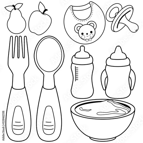 Baby food tableware set. Vector black and white coloring page