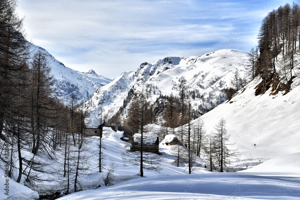 Huts on Alpe Devero in winter.