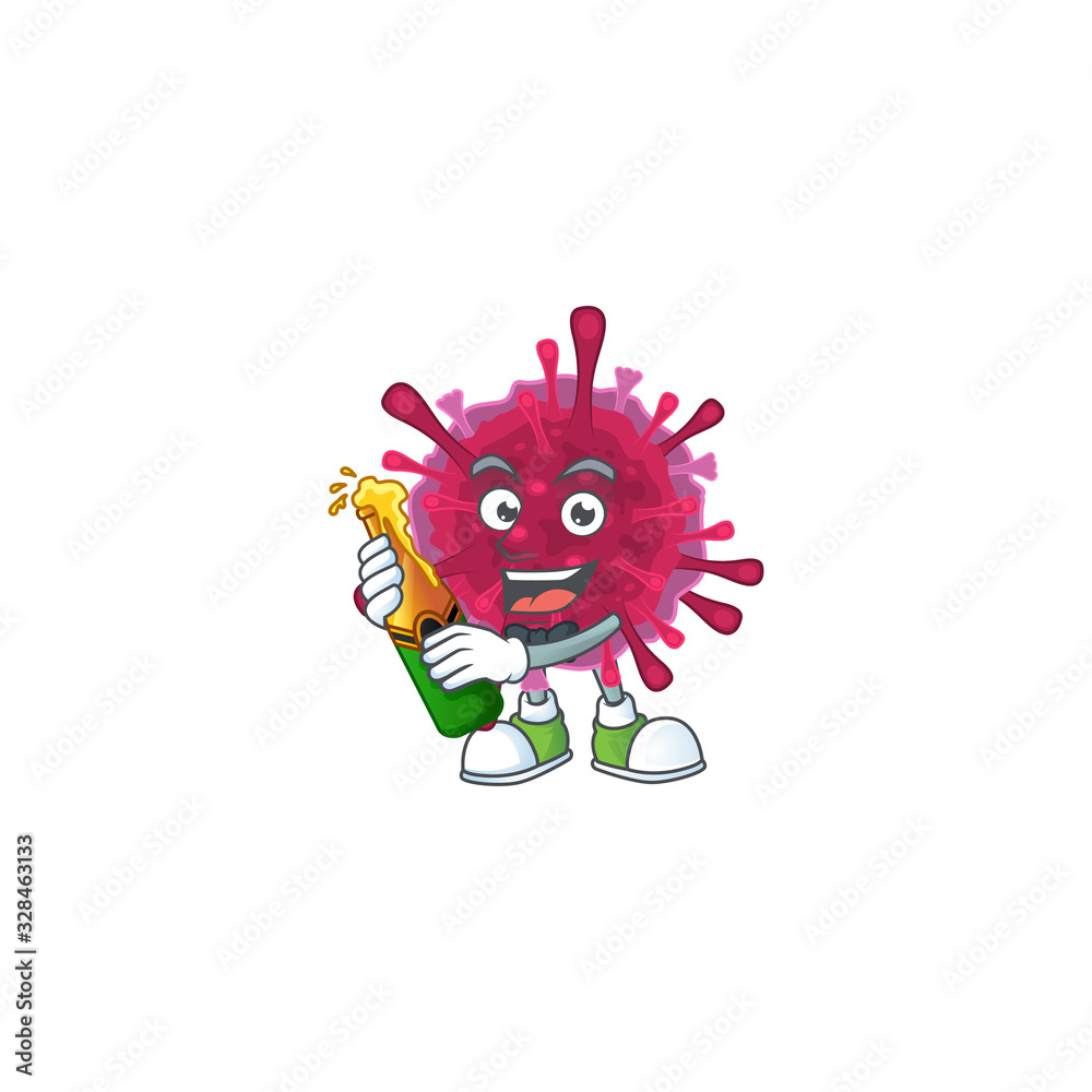 mascot cartoon design of amoeba coronaviruses having a bottle of beer