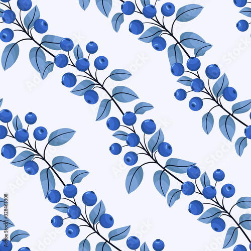 Vector seamless pattern with diagonal blueberry twigs; natural berry design for fabric, wallpaper, wrapping paper, textile, web design.