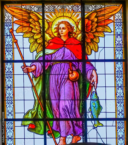 Foto Coloful Archangel Raphael Stained Glass Puebla Cathedral Mexico
