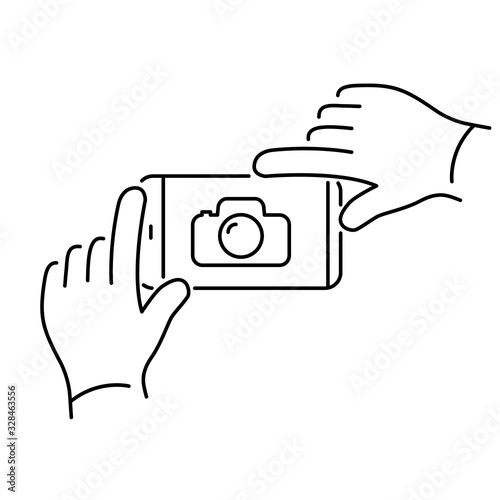 Vector linear phone and technology icons with hands gesture taking photo with smartphone | flat design thin line modern black illustration and infographic on white background