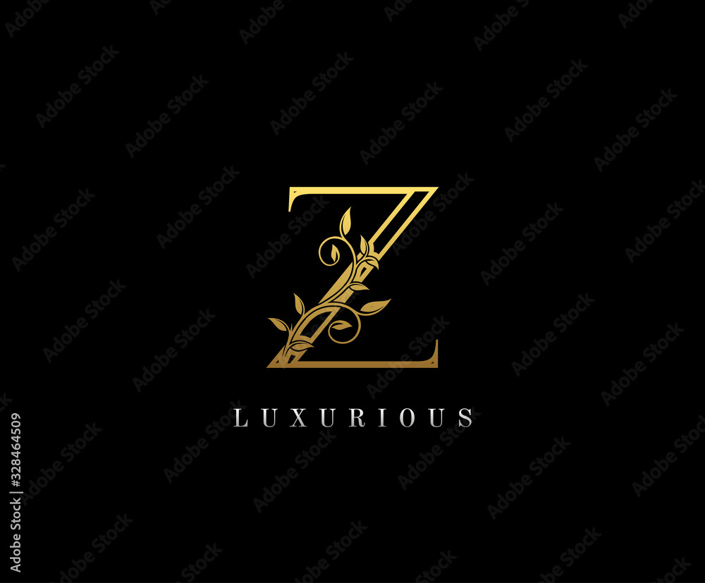Gold Letter Z Logo. Z Letter Design Vector with Golden Colors and Floral Hand Drawn.