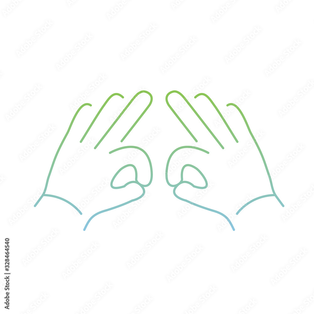 vector modern flat design linear icon of two hands creasing gesture | thin line pictogram with green and blue gradient isolated on white background
