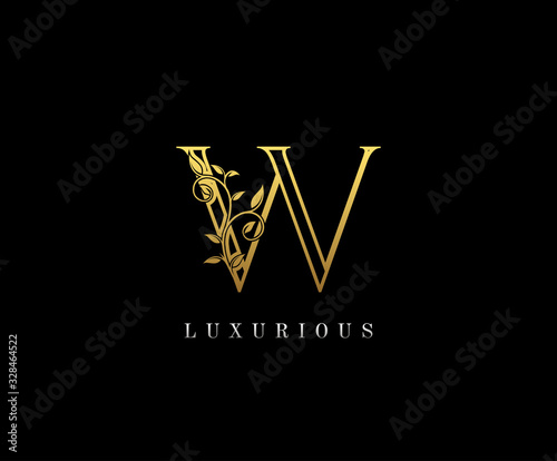 Gold Letter W Logo. W Letter Design Vector with Golden Colors and Floral Hand Drawn.