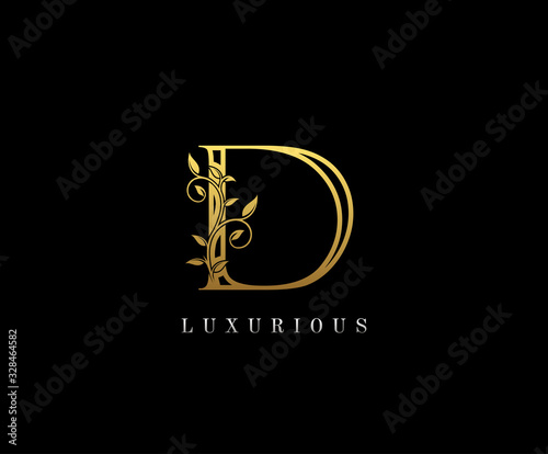 Gold Letter D Logo. D Letter Design Vector with Golden Colors and Floral Hand Drawn.