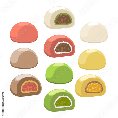 Collection of isolated mochi of different tastes