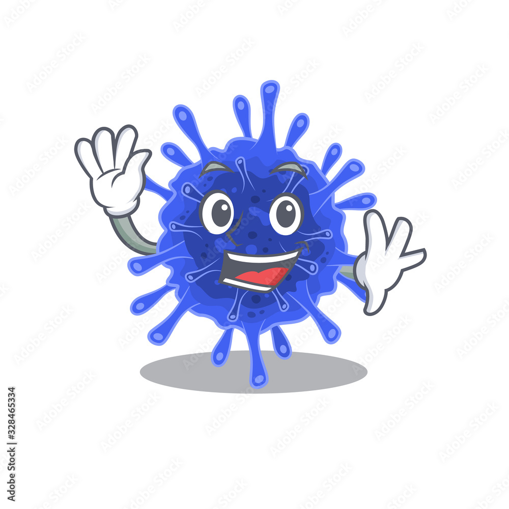 Smiley bacteria coronavirus cartoon mascot design with waving hand