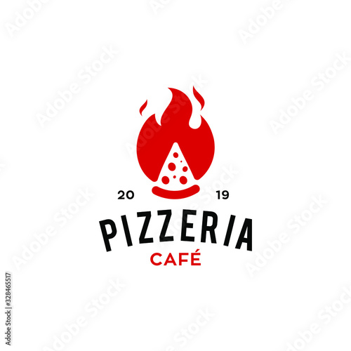 hot pizza logo with fire flame spicy hot icon for a cafe and restaurant business