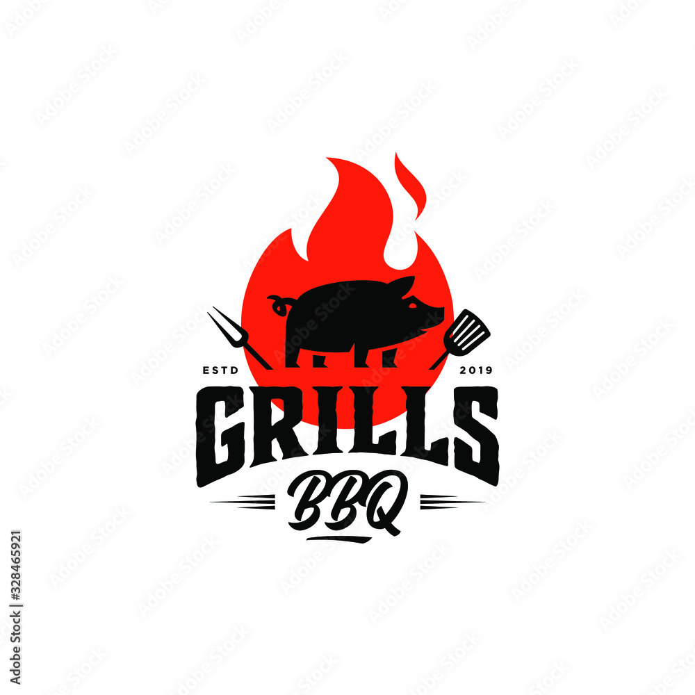 Vintage hipster Grill Barbeque invitation party barbecue bbq with pig ...