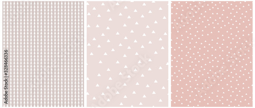 Set of 3 Geometric Seamless Vector Pattern with White Triangles and Grid Isolated on a Light Blush Pink Background. Simple Lovely Confetti Rain of Trangle Shape. Cute Checkered Vector Print.