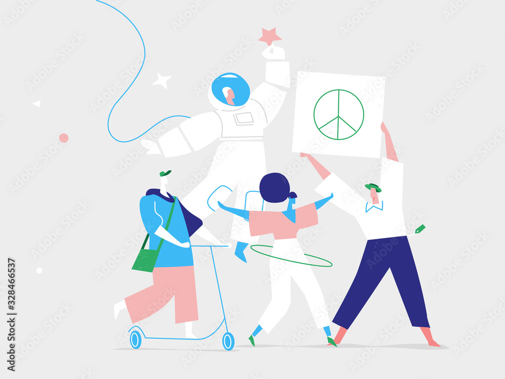Un gruppo di ragazzi giovani e felici promuovono la pace nel mondo - Illustrazione vettoriale Un gruppo di ragazzi giovani e felici promuovono la pace nel mondo - Illustrazione vettoriale