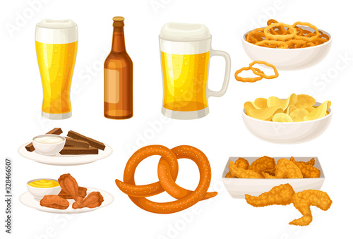 Beer Poured in Bottle and Mugs and Snacks in Bowls Vector Set