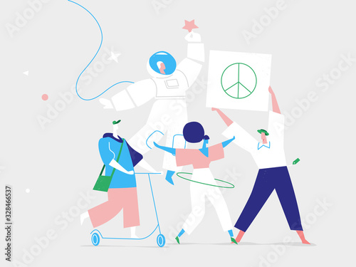 Un gruppo di ragazzi giovani e felici promuovono la pace nel mondo - Illustrazione vettoriale