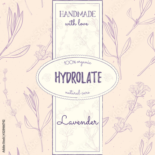 Hydrolate lavender. Natural cosmetics design with seamless pattern and label templates. Handmade cosmetics from lavender. Face care.
