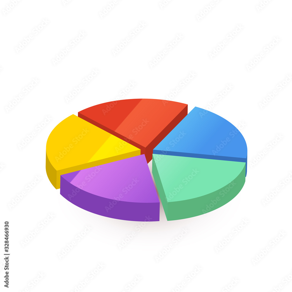 Bright colourful pie diagram divided in five pieces on white