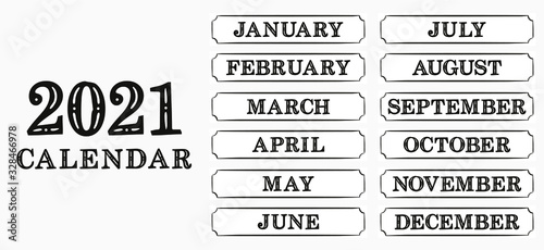 2021 calendar headers. Designs for printing a calendar. Names of 12 months. Template for printing diaries, yearbooks, gliders, notebooks and cards. Vector illustration