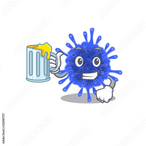 Cheerful bacteria coronavirus mascot design with a glass of beer