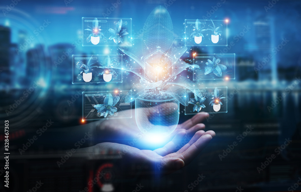 Man hand holding and touching holographic projection of a plant with digital analysis 3D rendering Man hand holding and touching holographic projection of a plant with digital analysis 3D rendering