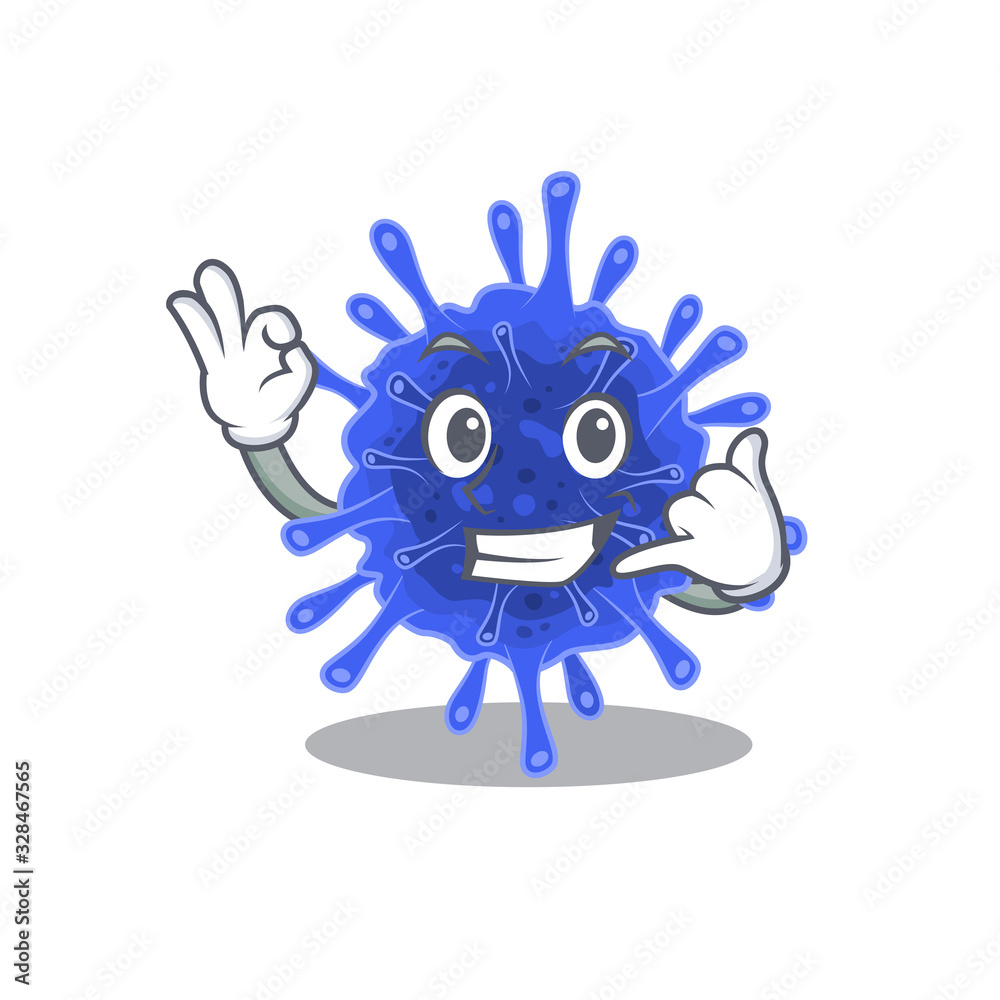 Bacteria coronavirus mascot cartoon design showing Call me gesture