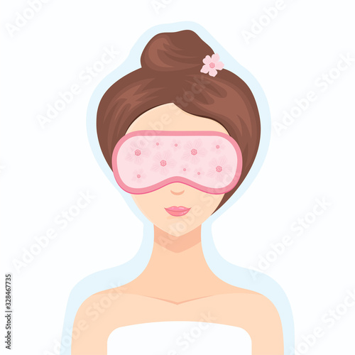 Beautiful woman in a collagen lifting mask for face and eyes. Cosmetic product. Cosmetic treatment for the face. Home Spa skin care. Vector flat illustration