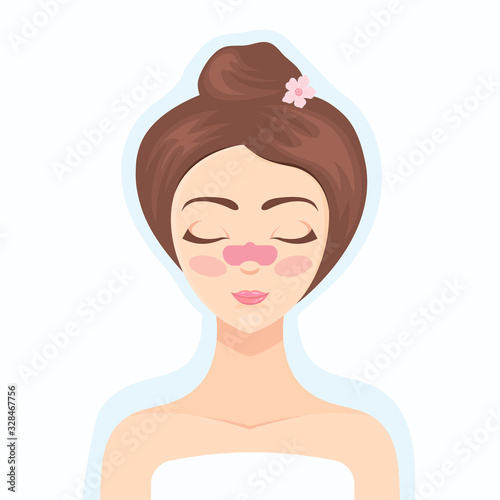 Beautiful girl takes care of her face with a collagen patch. Cosmetic product. Cosmetic procedure for the face with a collagen mask. Cleansing patch for the nose. Nose care. Beauty treatment.