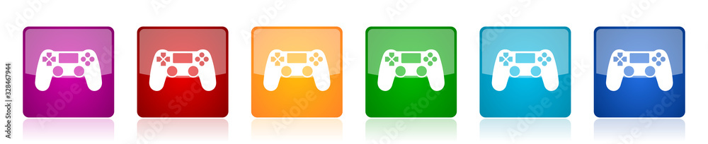 Wireless gaming controller icon set, gamepad colorful square glossy ...
