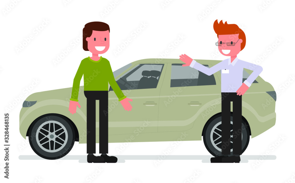 car salesman. man talks about the qualities of the car .. Vector illustration. flat design style. suitable for animation (individual segments) Isolated on a white background. car salesman. man talks about the qualities of the car .. Vector illustration. flat design style. suitable for animation (individual segments) Isolated on a white background.