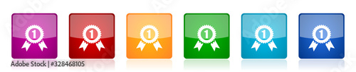 Badge icon set, winner, first, award colorful square glossy vector illustrations in 6 options for web design and mobile applications