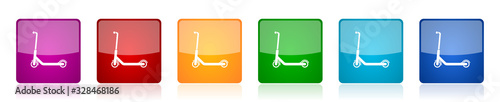 Scooter icon set, sport, activity, vehicle, colorful square glossy vector illustrations in 6 options for web design and mobile applications