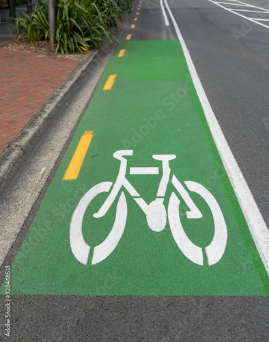 Green cycle lane with white cycle logo in Wellington New Zealand