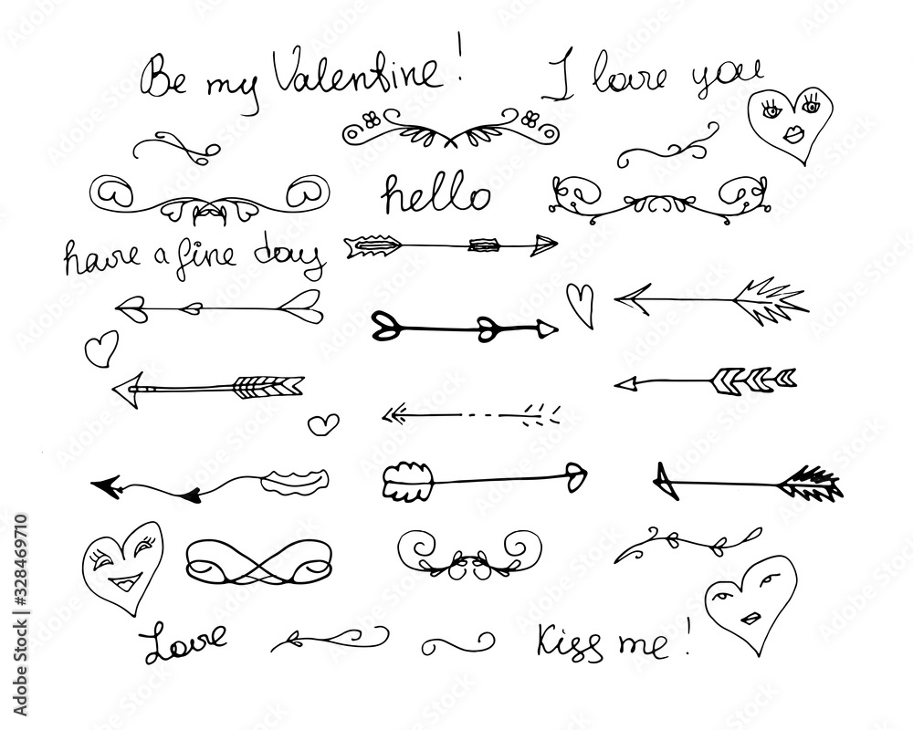 Hand drawn set of arrows, doodles, lettering, hearts, branches, curves elements, swirls. Vector Ink illustration. - obrazy, fototapety, plakaty 