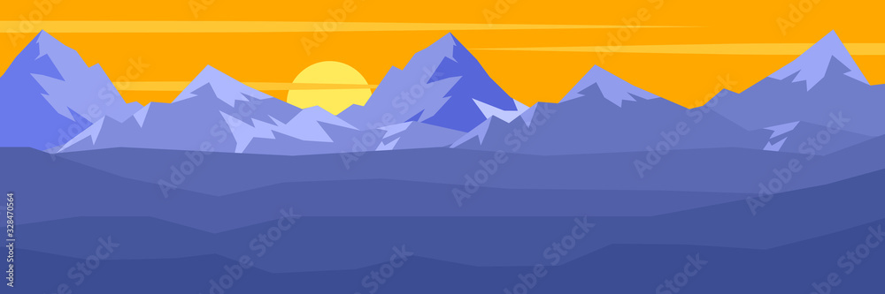 Vector landscape with mountain range,clouds in matte blue color.