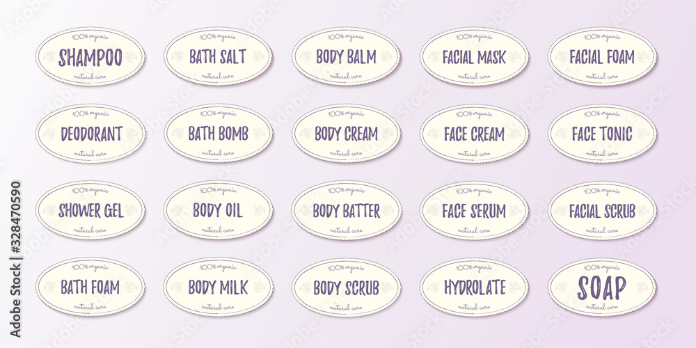 Set of labels for cosmetics packaging design. Organic cosmetics and natural care. Set of labels for cosmetics packaging design. Organic cosmetics and natural care.