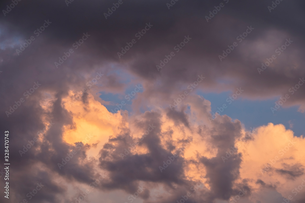 Evening scene. Beautiful cloudscape.  Beautiful clouds gold fluffy, great design for any purposes.