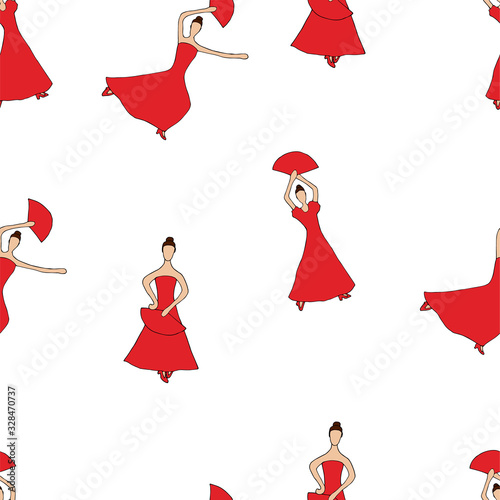 Flamenco dancers in a red dress with a fan in hand, seamless pattern