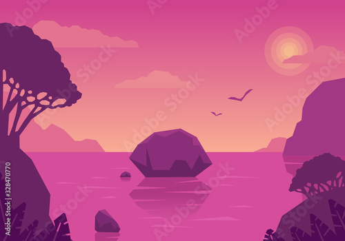 Summer landscape with islands and the sea. Pink dream. Sea vacation in a tropical climate