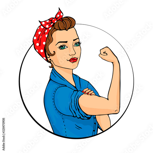 We Can Do It comic woman. Pop art sexy strong girl in a circle on white background. Classical american symbol of female power, women rights, feminism. Vector colorful illustration in retro style.