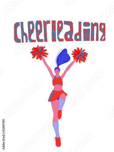 illustration of a cheerleader girl in a tracksuit. Hand-drawn picture in cartoon style. Lettering.