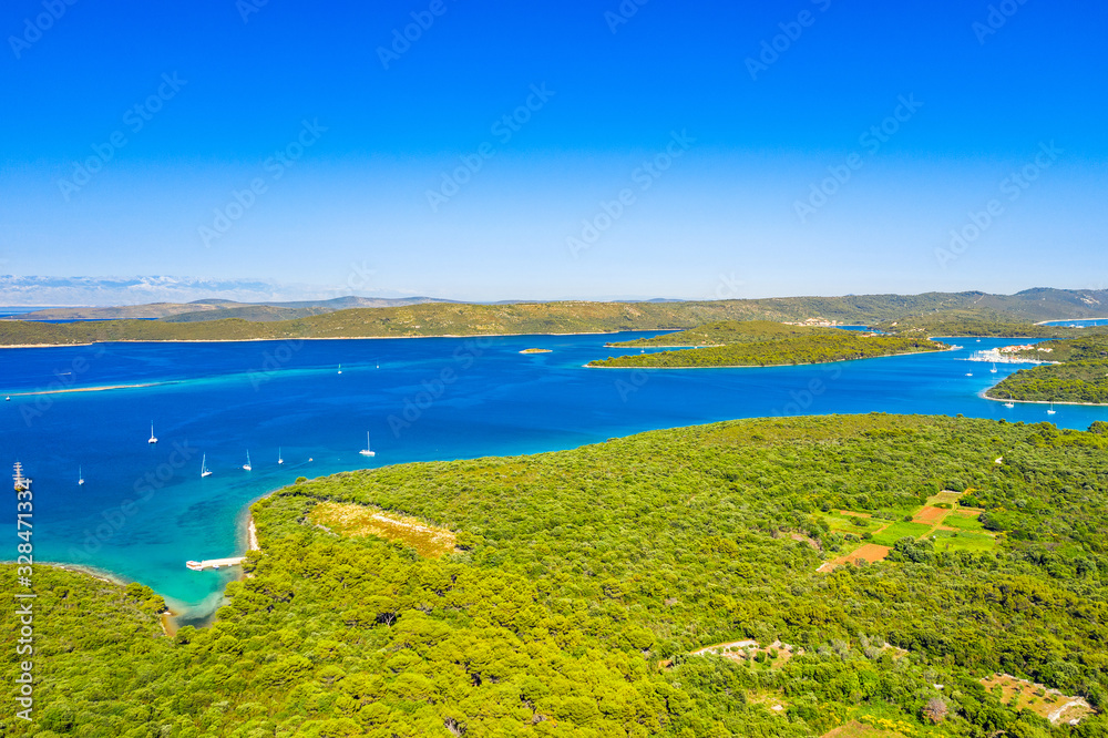 Croatia, beautiful blue seascape archipelago on the island of Dugi Otok, panoramic view