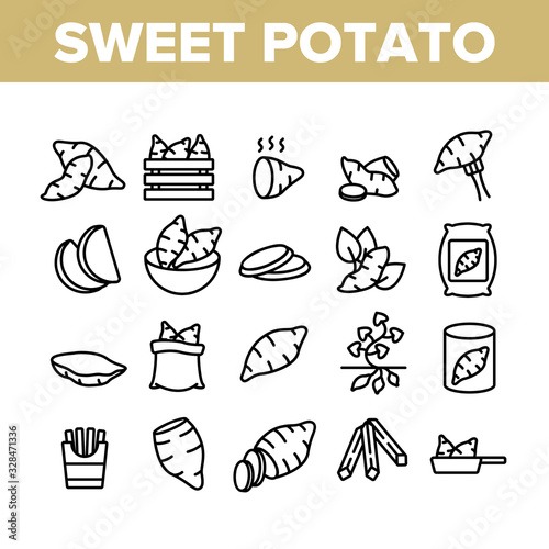 Sweet Potato Batata Collection Icons Set Vector. Fried And Boiled Sweet Potato, Sliced And Fresh Vegetable, In Bag And Box Concept Linear Pictograms. Monochrome Contour Illustrations