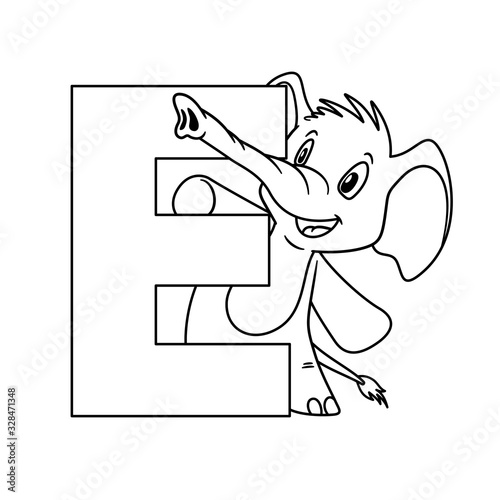 Animal alphabet. Capital letter E, Elephant. Raster illustration. For pre school education, kindergarten and foreign language learning for kids and children. Coloring page and books, zoo topic.