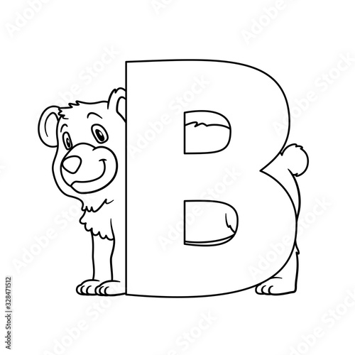 Animal alphabet. Capital letter B, Bear. Raster illustration. For pre school education, kindergarten and foreign language learning for kids and children. Coloring page and books, zoo topic.