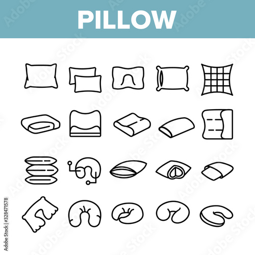 Pillow Orthopedic Collection Icons Set Vector. Comfortable Bed Pillow Memory Foam And Feather, Accessory For Travel And Bedroom Concept Linear Pictograms. Monochrome Contour Illustrations