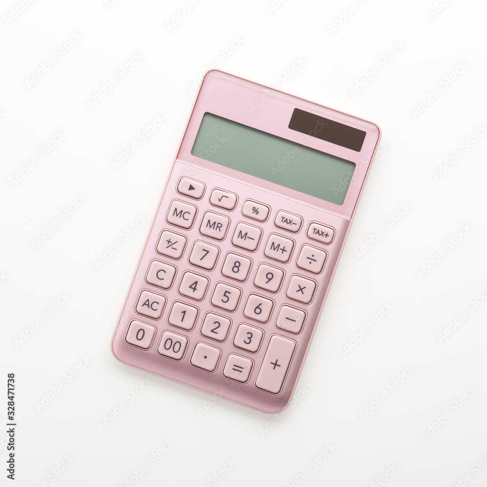 Pink gold calculator isolated on white background, top view Pink gold calculator isolated on white background, top view