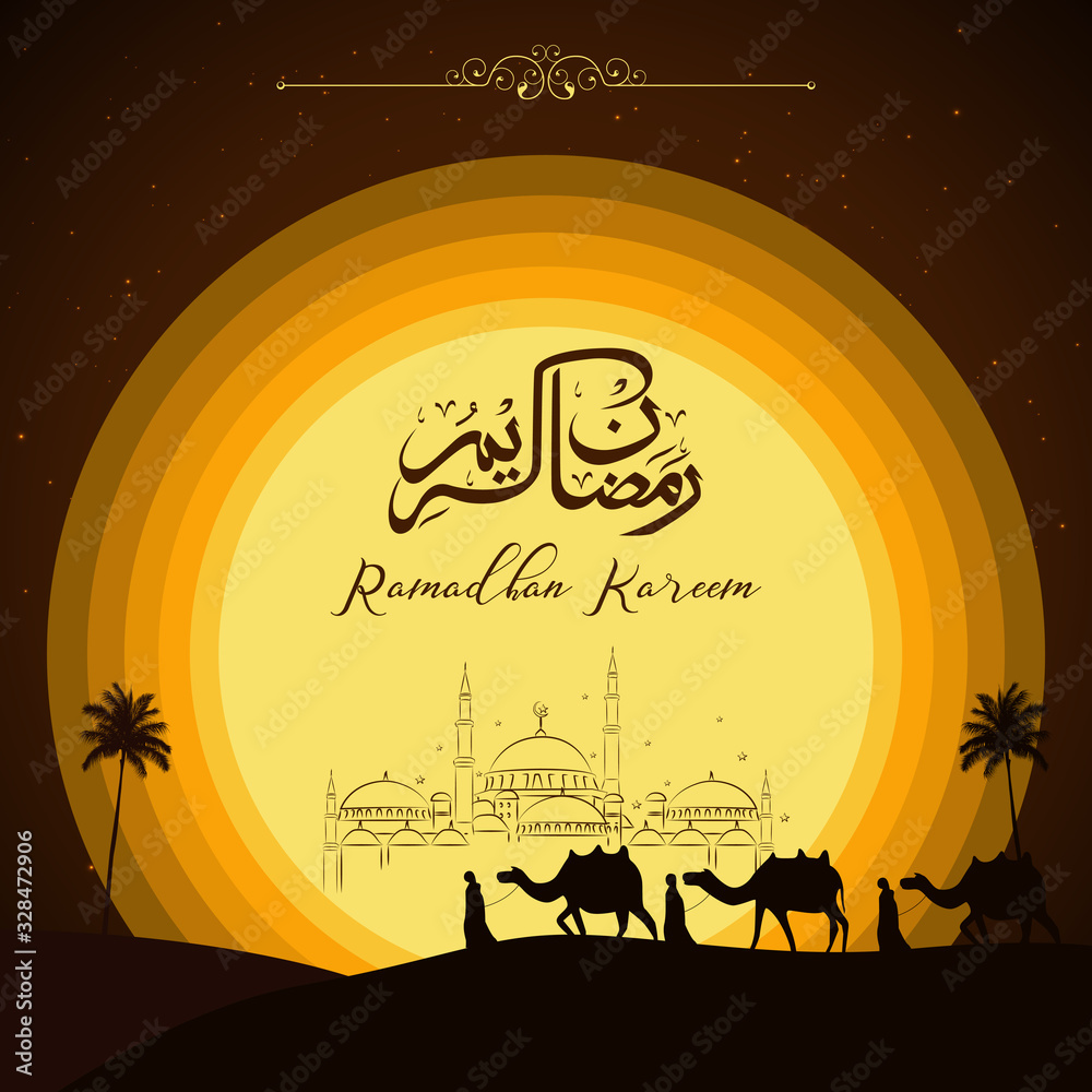 Ramadan Kareem  with Camel walks through the desert in evening on background